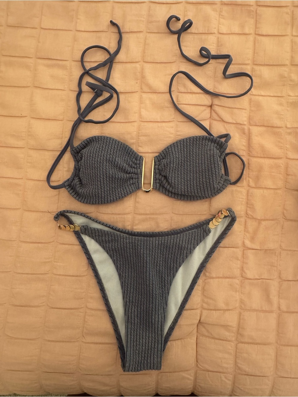 SHEIN Charcoal Ribbed Two-Piece Bikini with Gold Accent